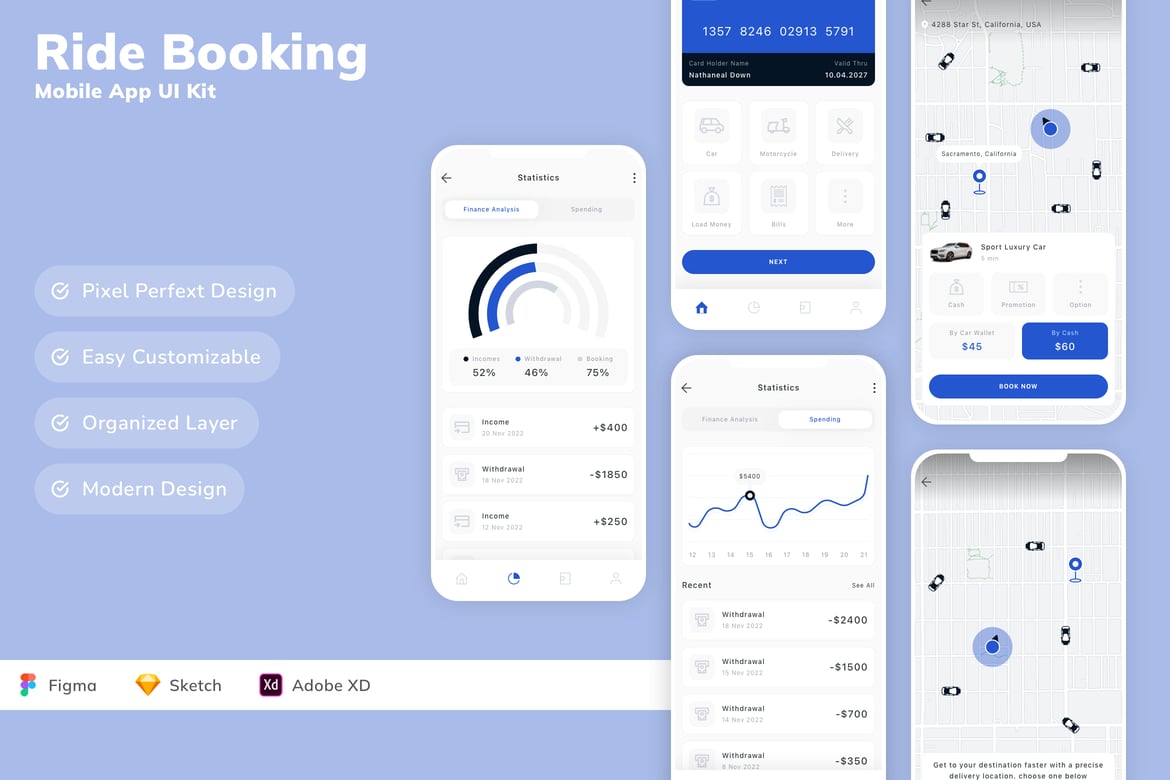 Download Ride Booking Mobile App UI Kit Figma Design