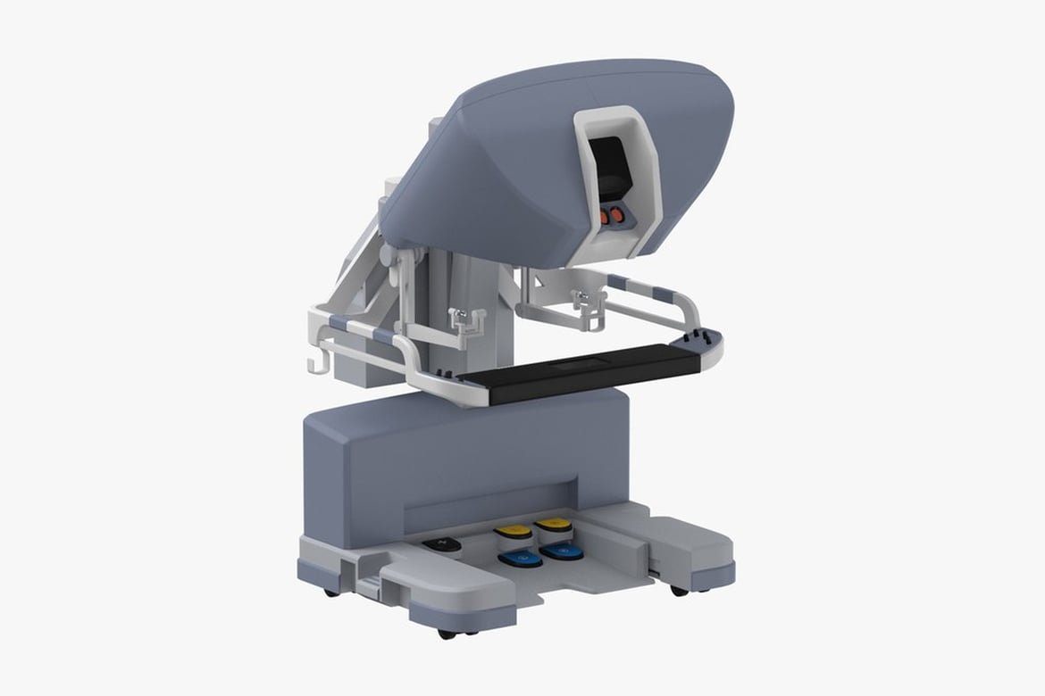 Download Robotic Arm Console, Gray and White Device with Complex Components and Colored Accents 3D Model