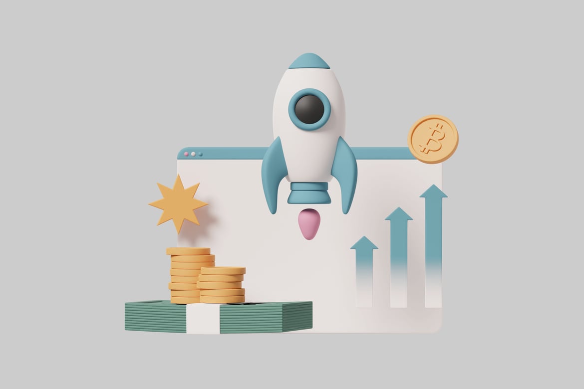 Download Rocket ship with coins and bar graph 3D Model