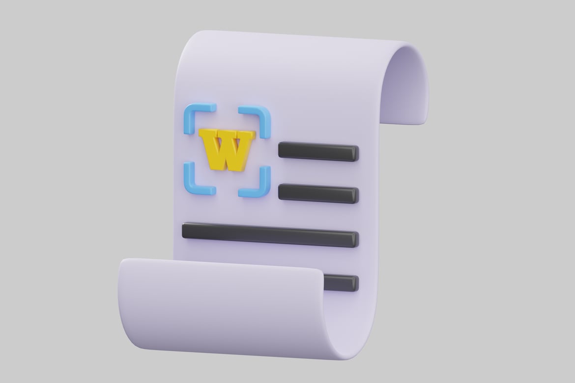 Download Rolled-up document with yellow "W" and blue brackets. 3D Model