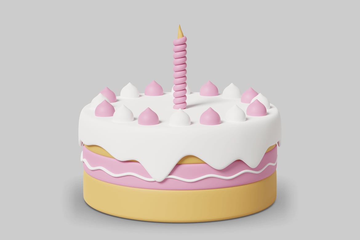 Download Round cake with white icing and pink and white dollops 3D Model