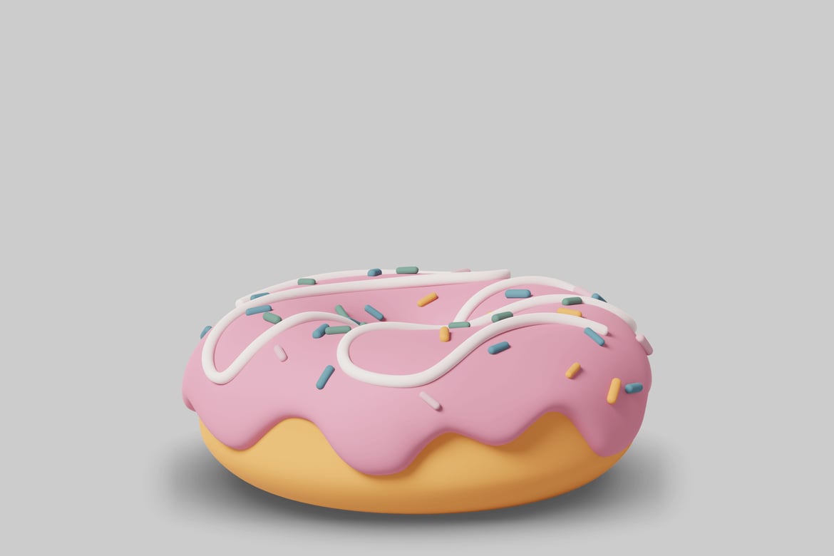 Download Round pink donut with white frosting and blue, yellow, and white sprinkles 3D Model