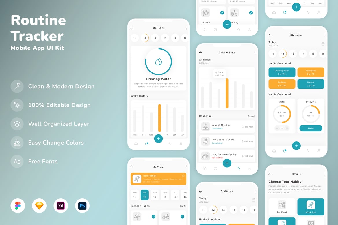 Download Routine Tracker Mobile App UI Kit Figma Design