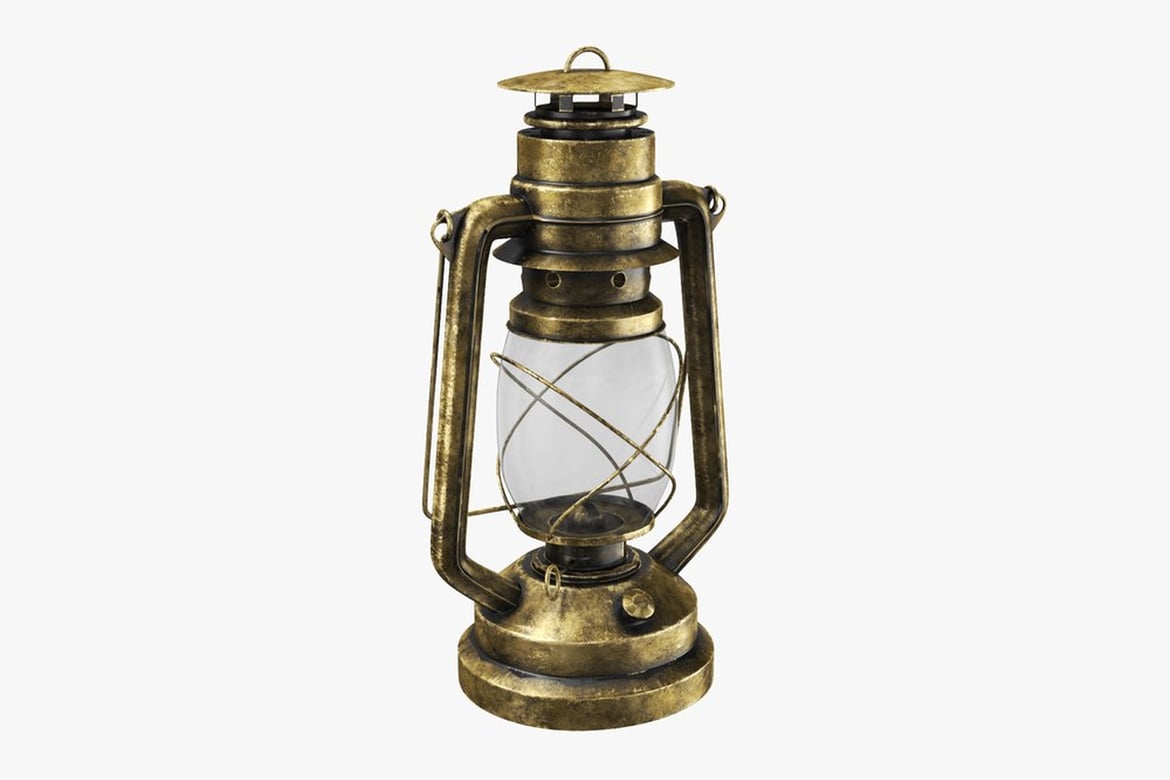 Download Rusted Golden Oil Lamp, Antique Brass Lantern with Clear Glass Container 3D Model