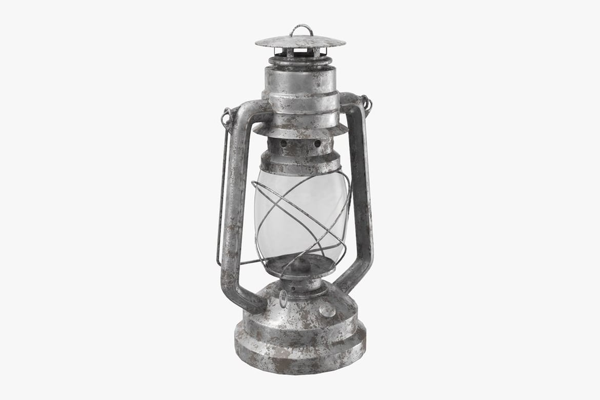 Download Rusted Lantern Hurricane Oil Lamp, Weathered Silver Metal and Glass 3D Model