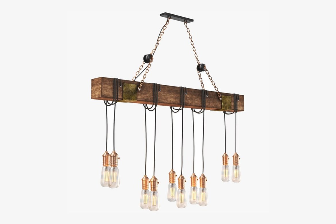 Download Rustic Wooden Beam Chandelier with Eight Exposed Bulbs 3D Model