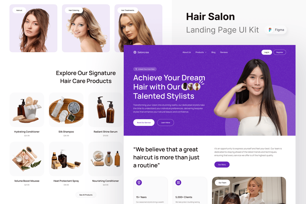 Download Saloncrea - Hair Salon Landing Page Figma Design