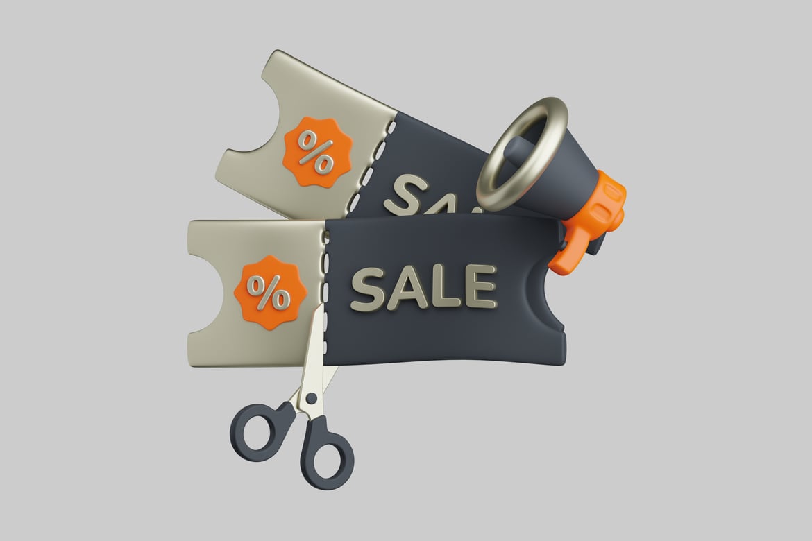 Download Scissors cutting coupon tickets and megaphone 3D Model