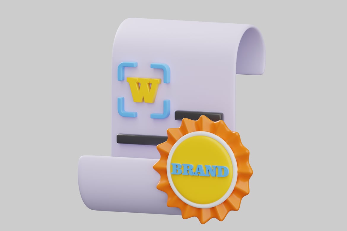 Download Scroll with yellow "W" and blue brackets, and orange rosette with the word "BRAND" 3D Model