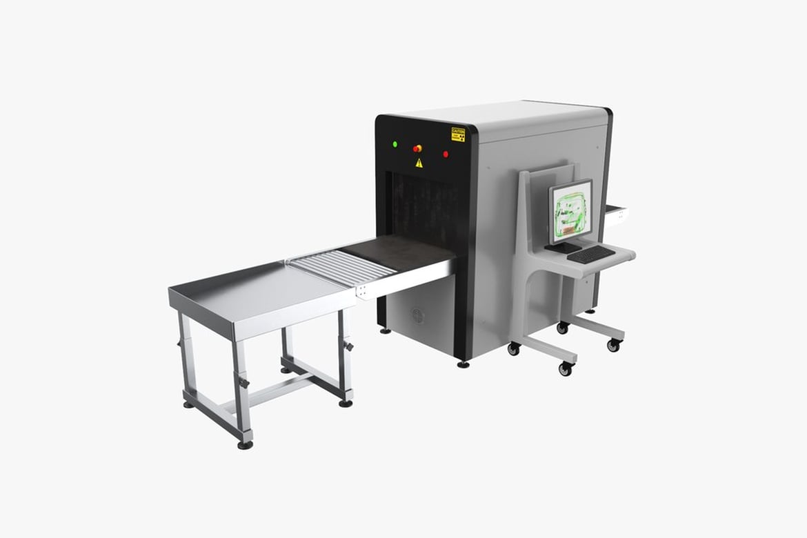 Download Security X Ray Machine, Angled View of Industrial Metal Detector with Conveyor Belt and Monitor 3D Model