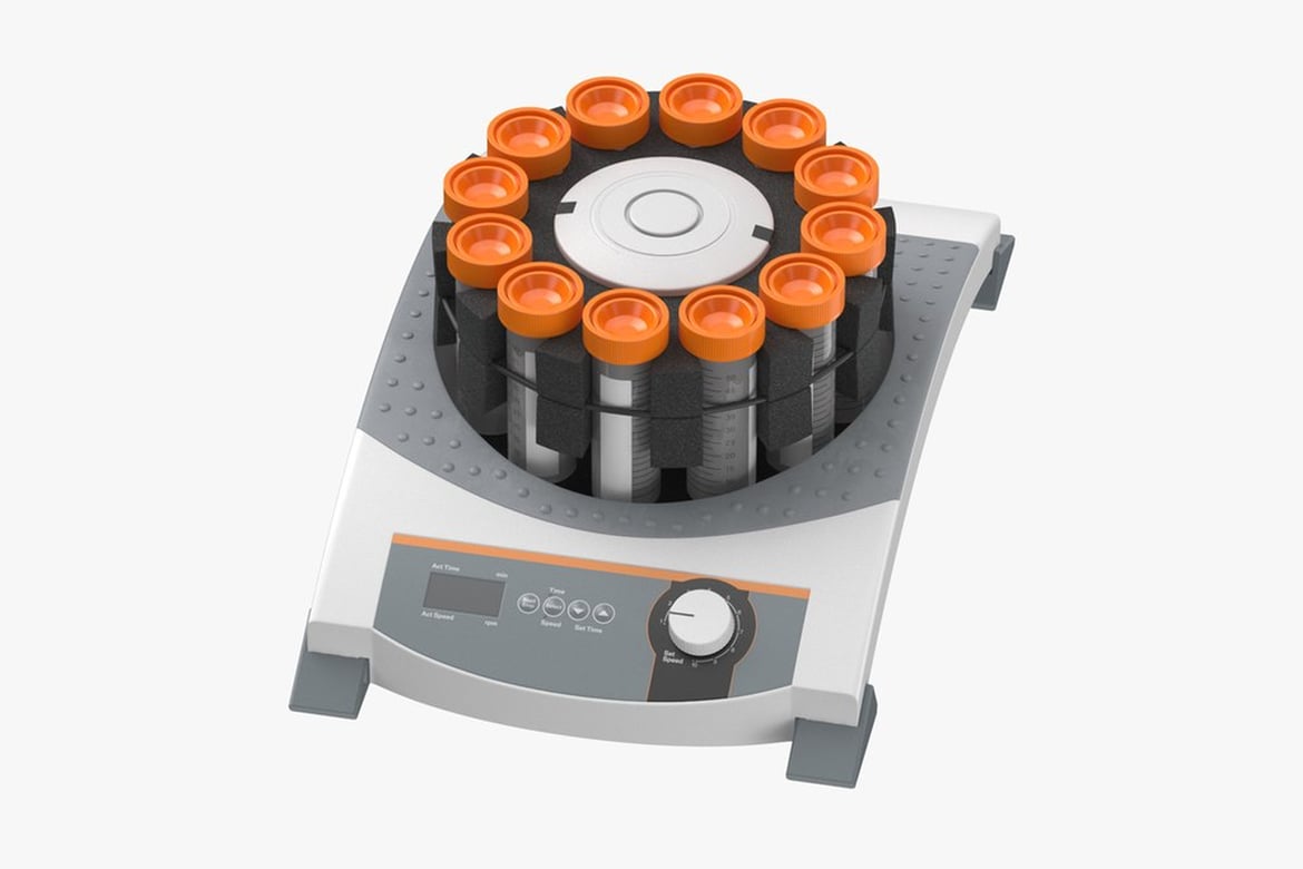 Download Shakers Empty and in Use, Laboratory Centrifuge with Orange-Capped Rotor and Digital Control Panel 3D Model