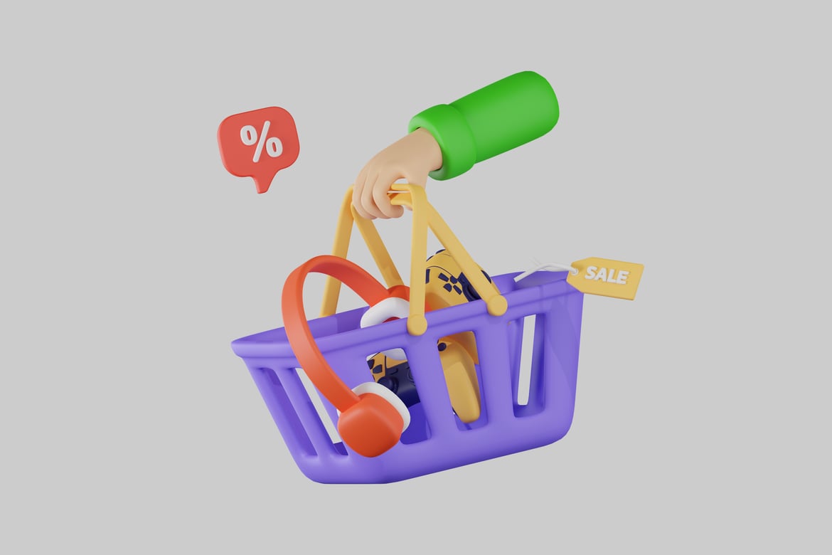 Download Shopping basket with items and sale tag. 3D Model