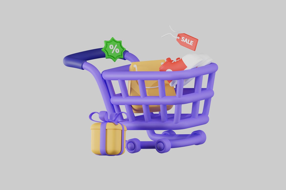 Download Shopping cart with various items. 3D Model