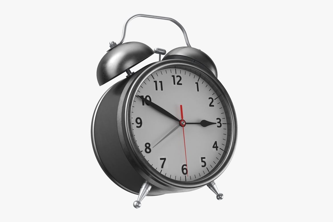 Download Silver Alarm Clock with Red Six and Second Hand 3D Model