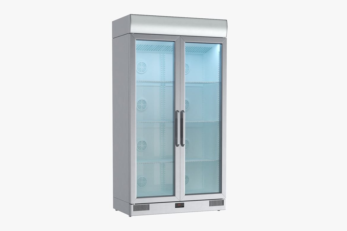 Download Silver-Framed Glass Door Refrigerator with White Interior 3D Model