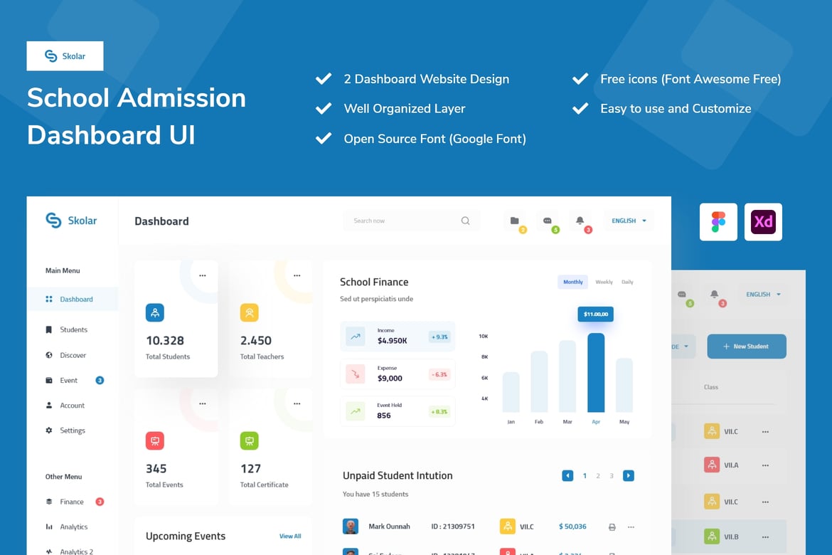 Download Skolar - School Admission Dashboard UI Kit Figma Design