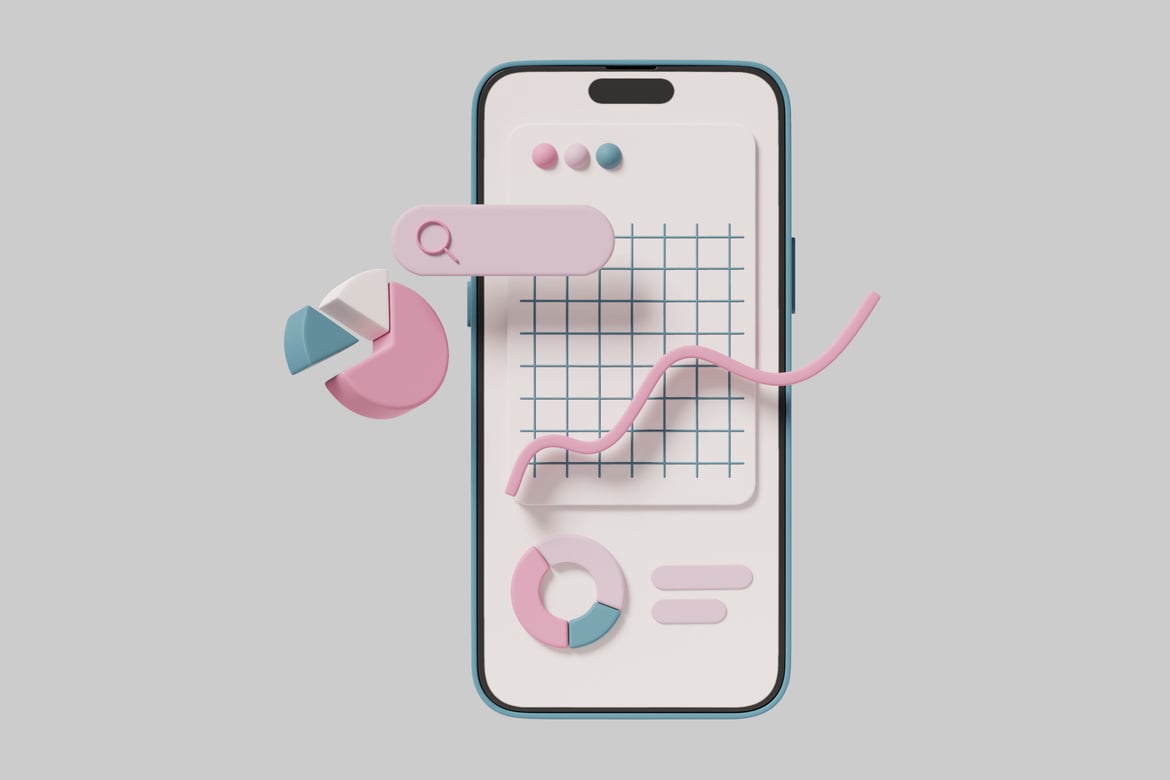 Download Smartphone screen with grid pattern, line graph, pie chart, and shapes 3D Model