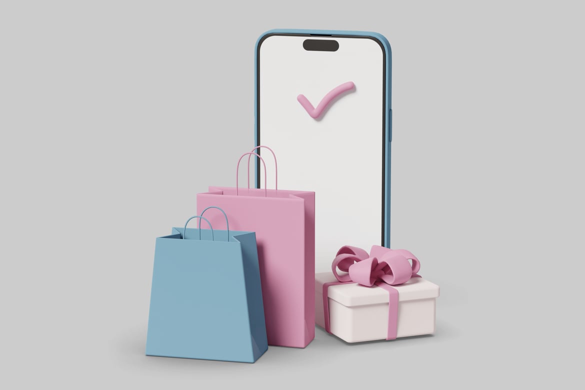 Download Smartphone with gift bags and present. 3D Model