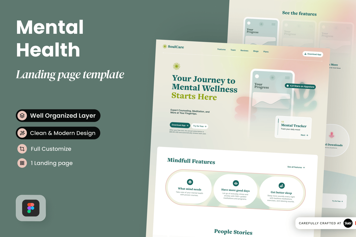 Download SoulCare - Mental Health App Showcase Landing Page Figma Design