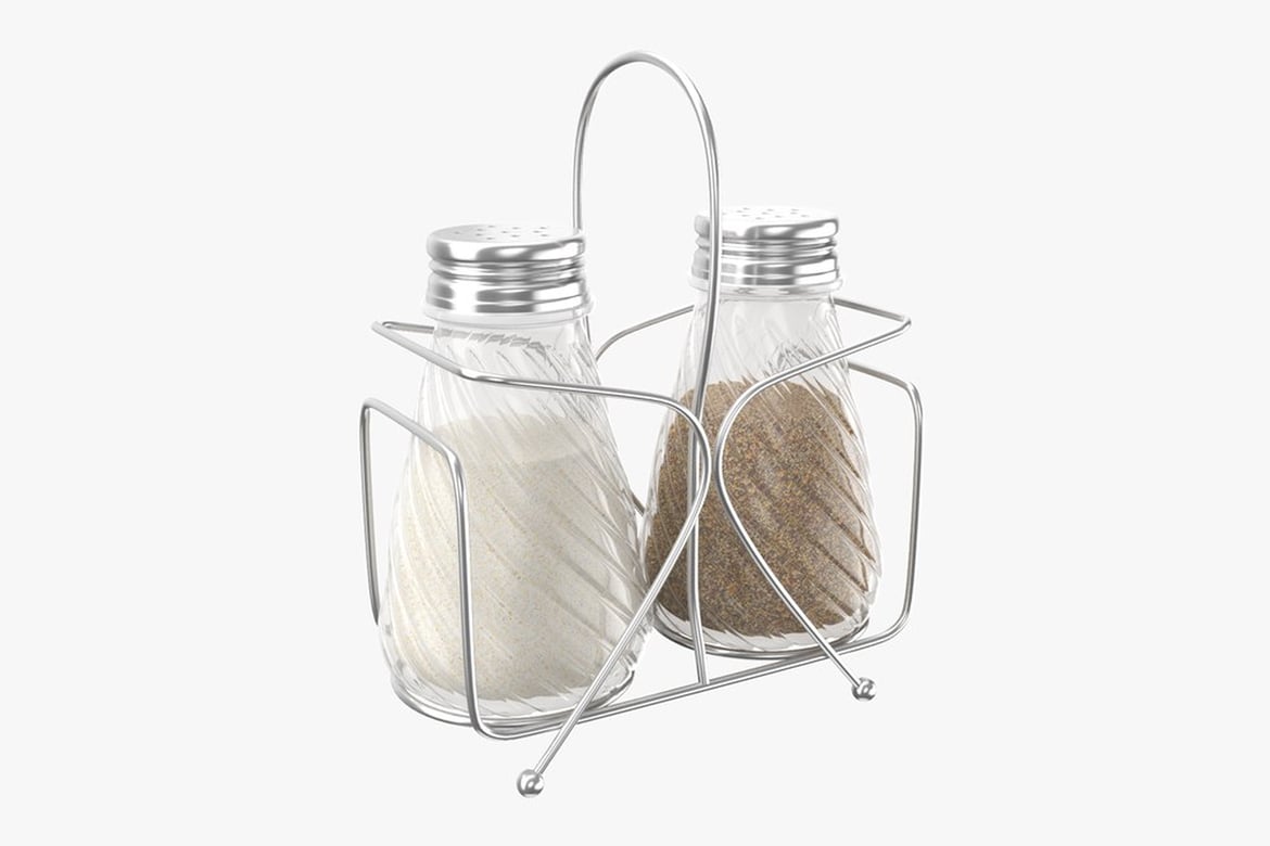 Download Spiral-Textured Glass Salt and Pepper Shakers in Wire Caddy 3D Model