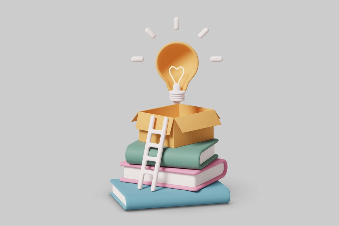 Download Stack of books with lightbulb and cardboard box 3D Model