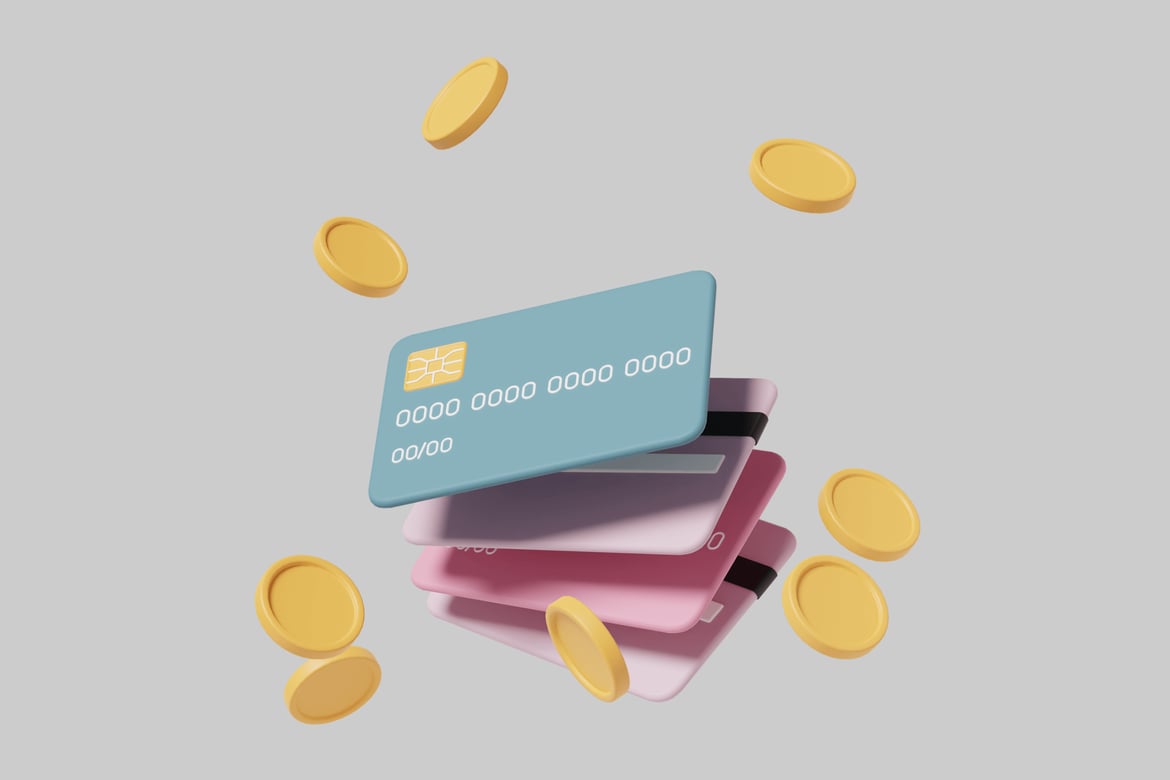 Download Stack of credit cards and gold coins. 3D Model