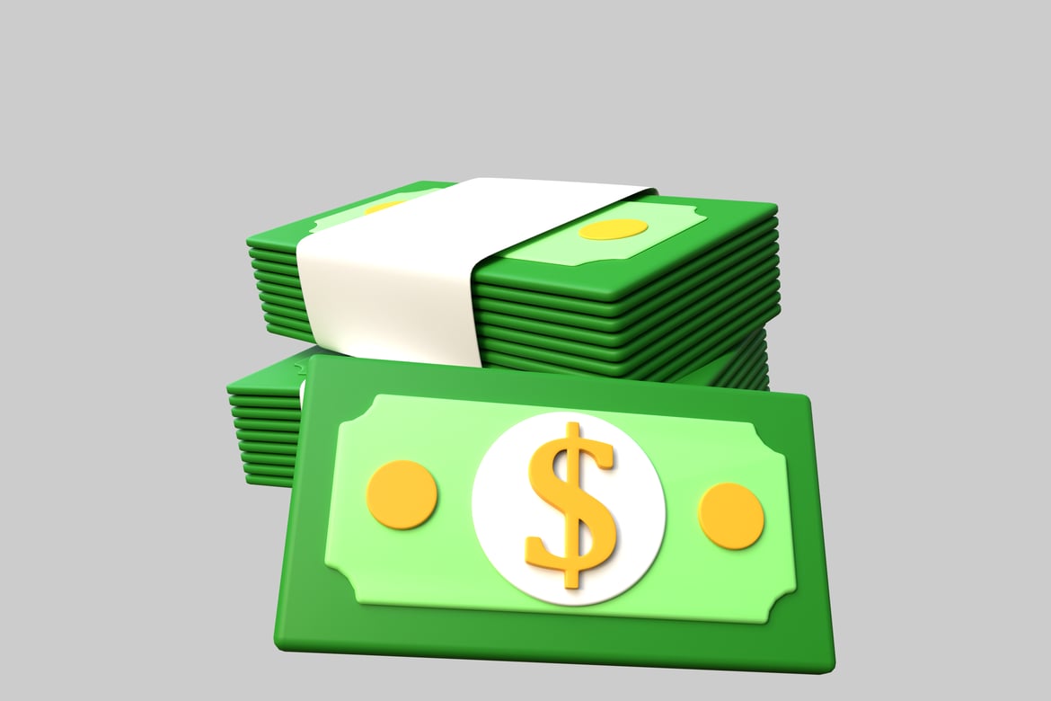 Download Stack of green bills with a white circle and a yellow dollar sign on the top bill. 3D Model