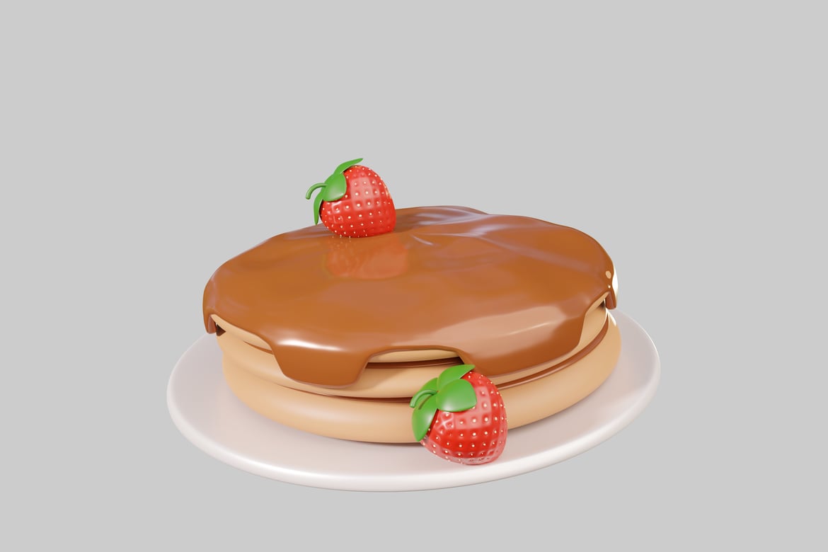 Download Stack of pancakes with chocolate syrup and strawberries 3D Model