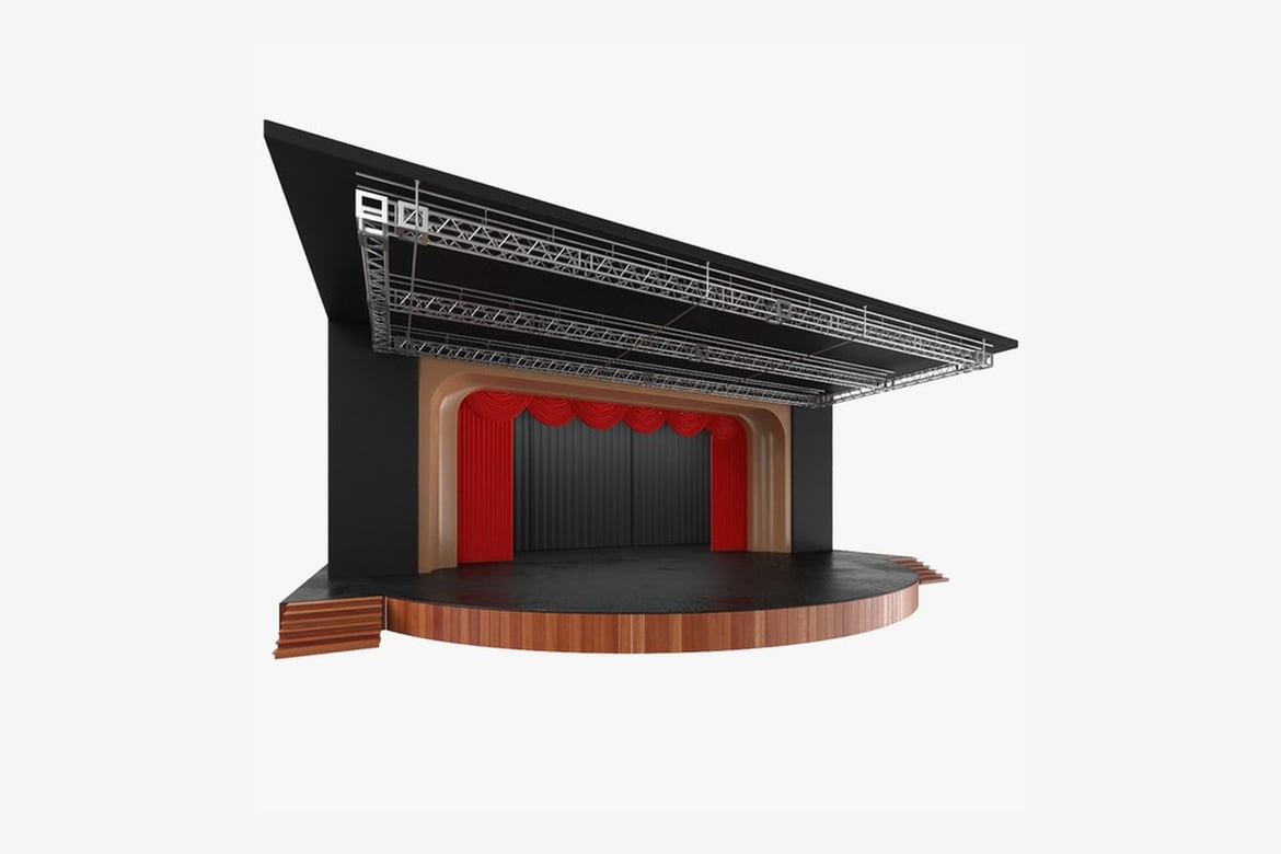 Download Stage with Triangular Roof and Red Curtains 3D Model