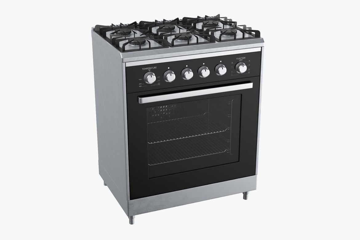 Download Stainless Steel Gas Range with Black Accents and Open Oven Door 3D Model