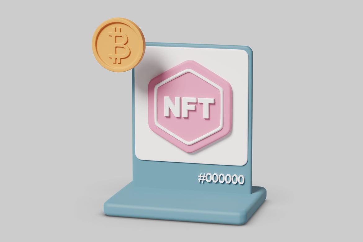 Download Stand with NFT sign and Bitcoin coin. 3D Model