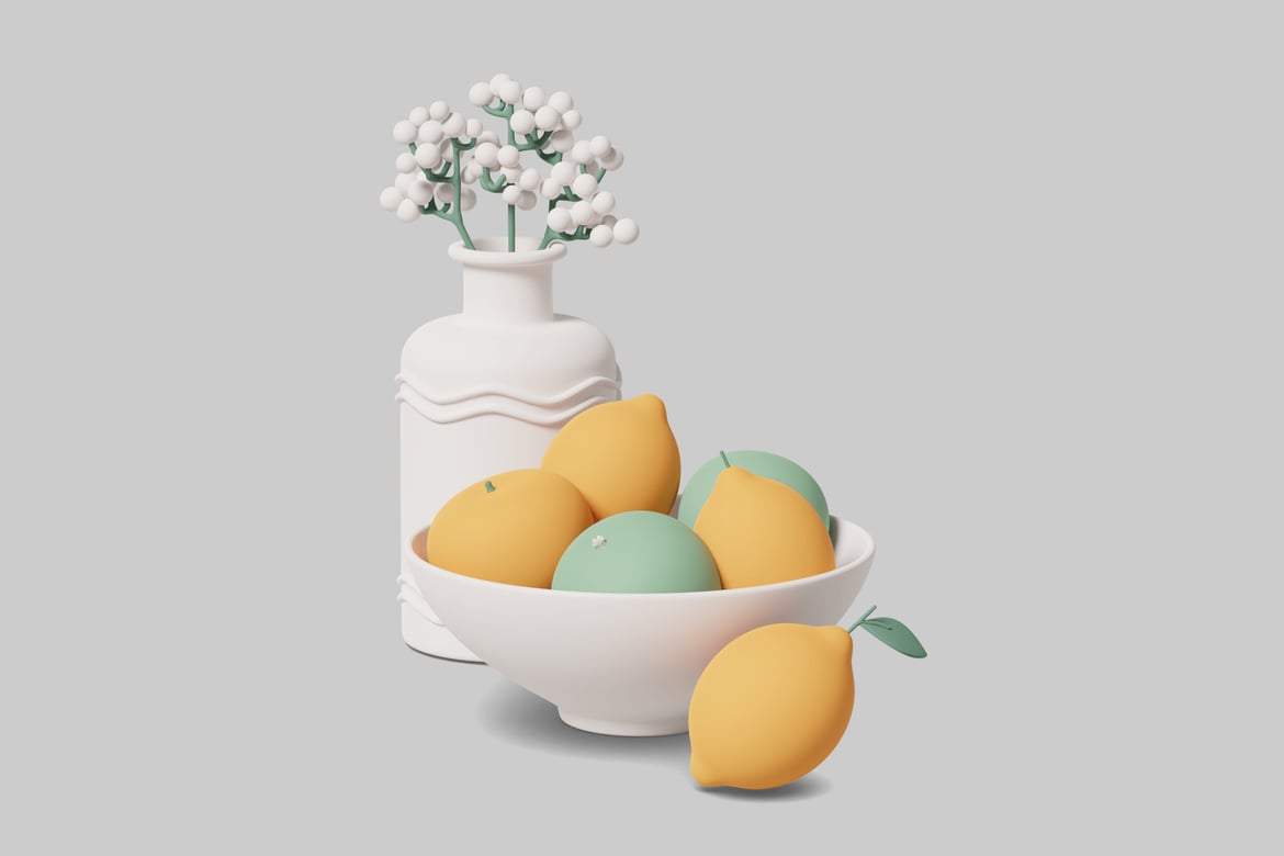 Download Still life with white vase, plant, and bowl of fruit 3D Model