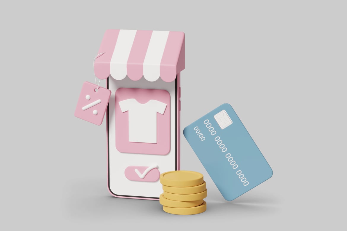 Download Striped awning, phone, credit card, coins, and price tag. 3D Model