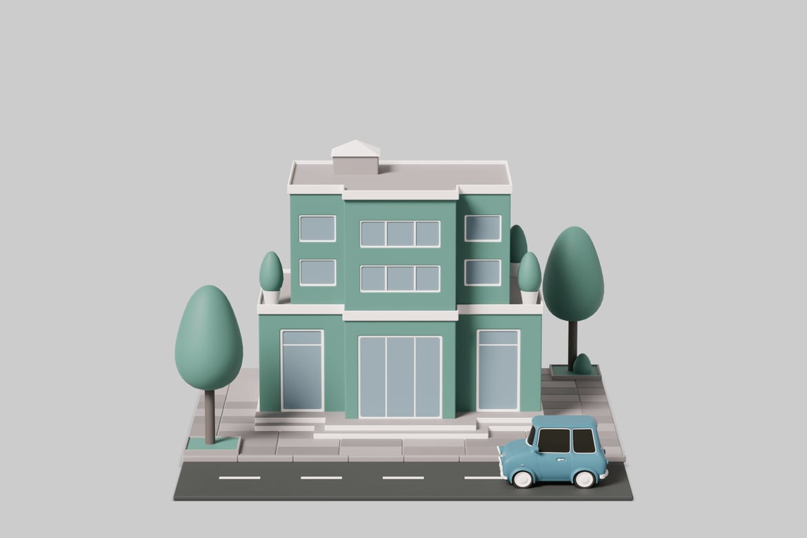 Download Stylized building with car and trees 3D Model