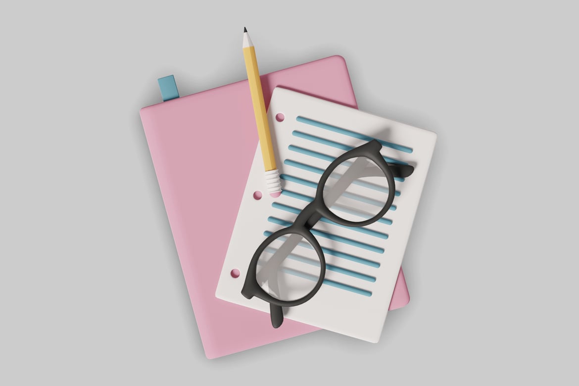 Download Stylized Illustration of Pink Notebook, Glasses, and Pencil 3D Model