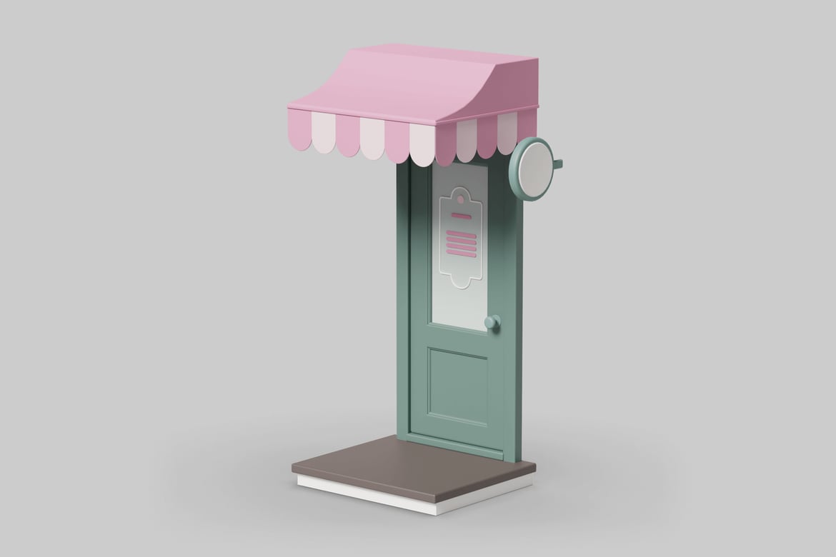 Download Stylized storefront with green door and pink awning 3D Model