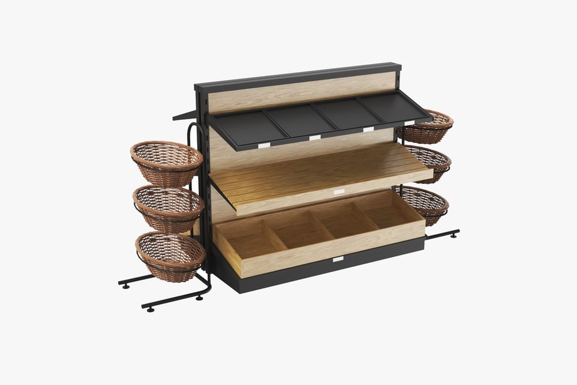 Download Supermarket Display, Shelving Unit with Wooden Shelves, Metal Trays, and Wicker Baskets 3D Model