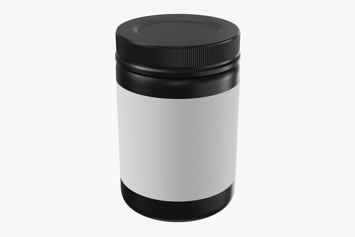 Download Supplement Jar, Black-Lidded White Cylindrical Container with Blank Label 3D Model