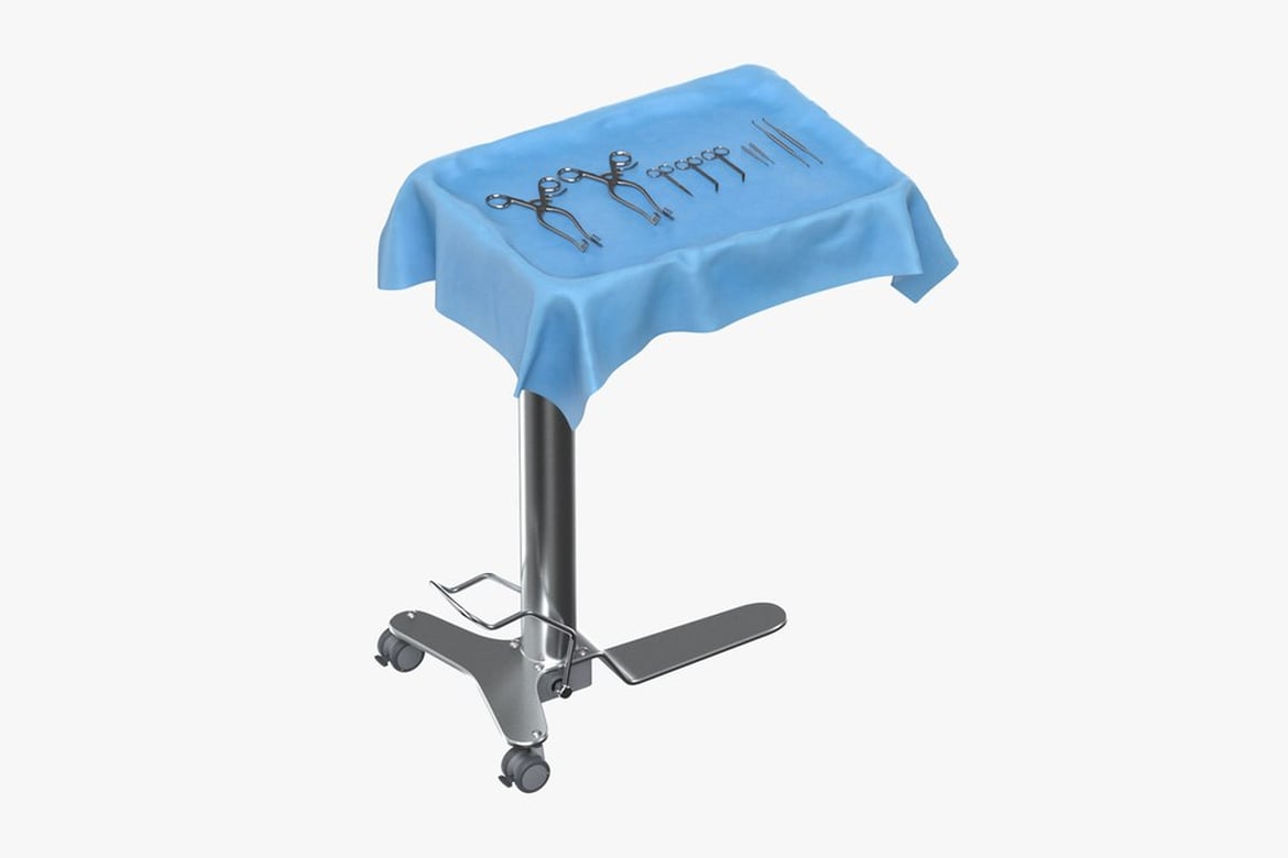 Download Surgical Instruments Arranged on Draped Stainless Steel Table 3D Model