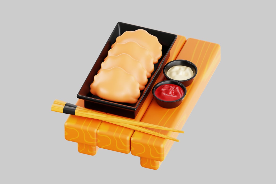 Download Sushi meal with chopsticks and sauces 3D Model