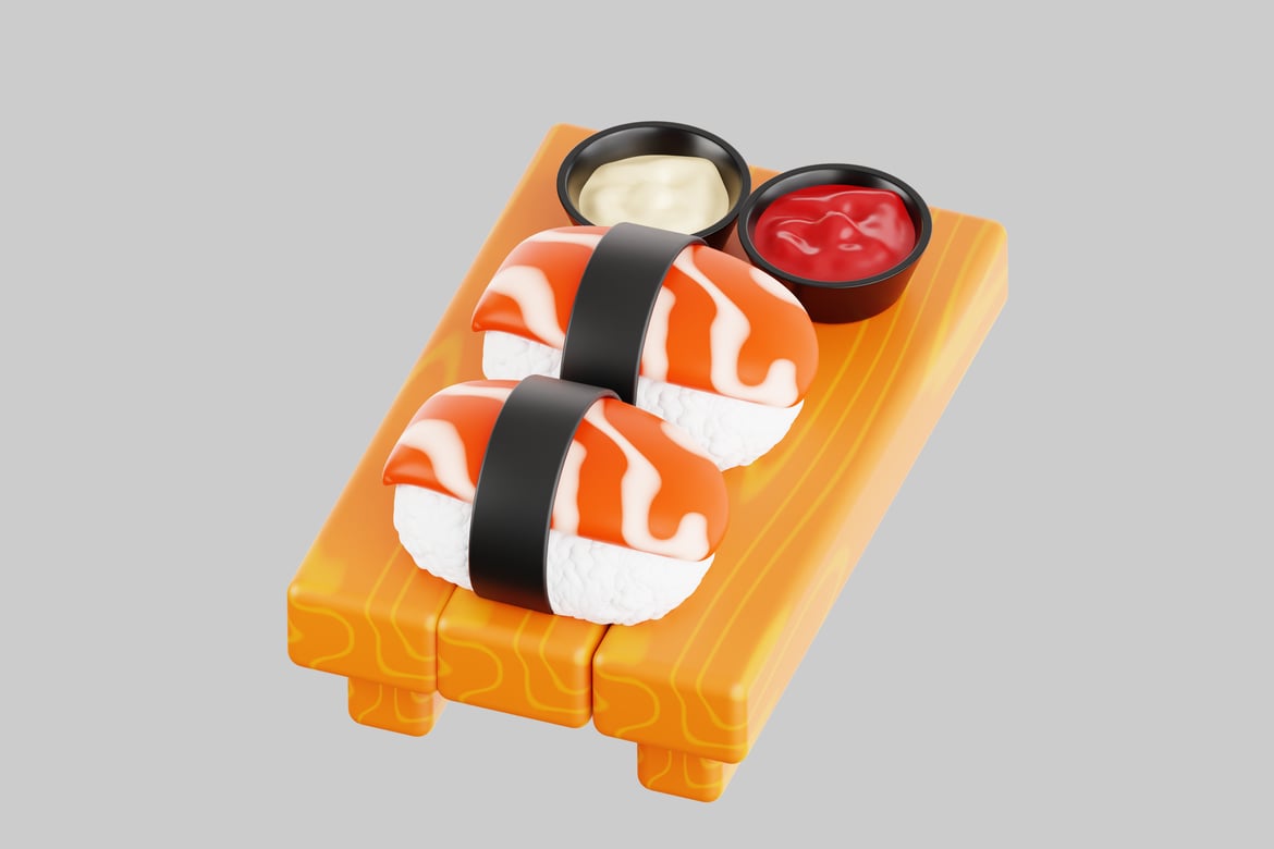 Download Sushi on an Orange Plate with Dipping Sauces 3D Model