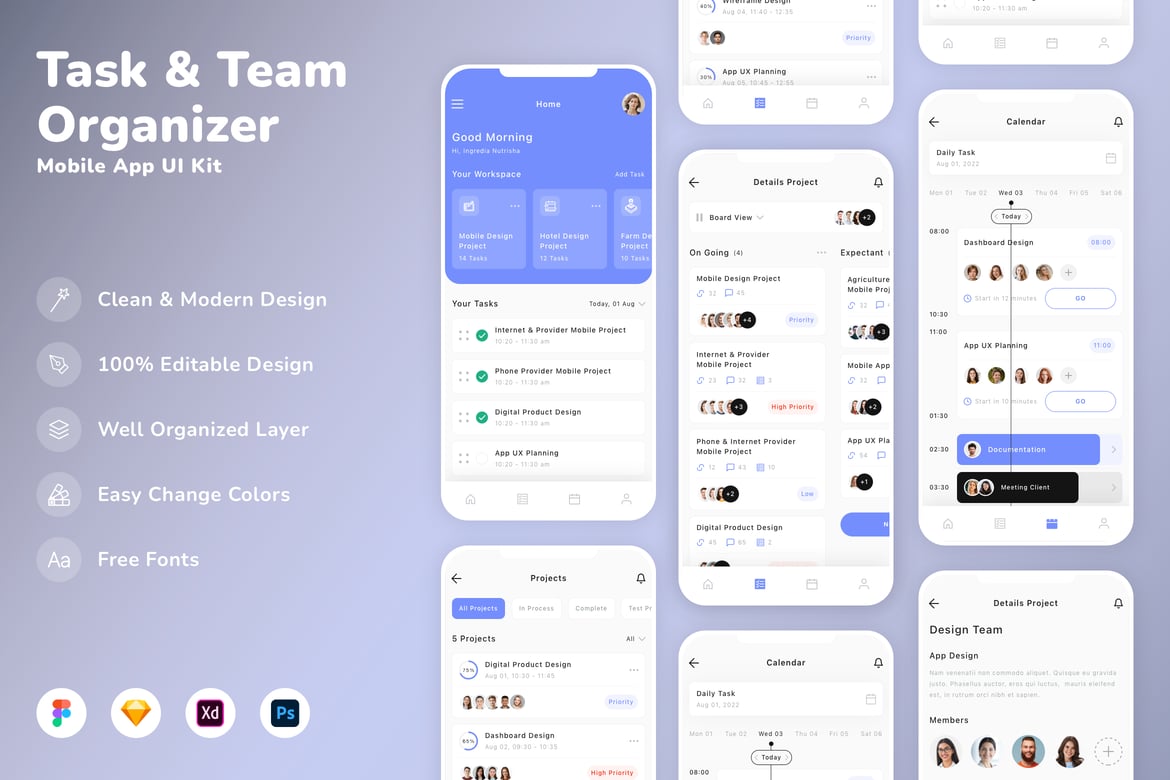 Download Task & Team Organizer Mobile App UI Kit Figma Design