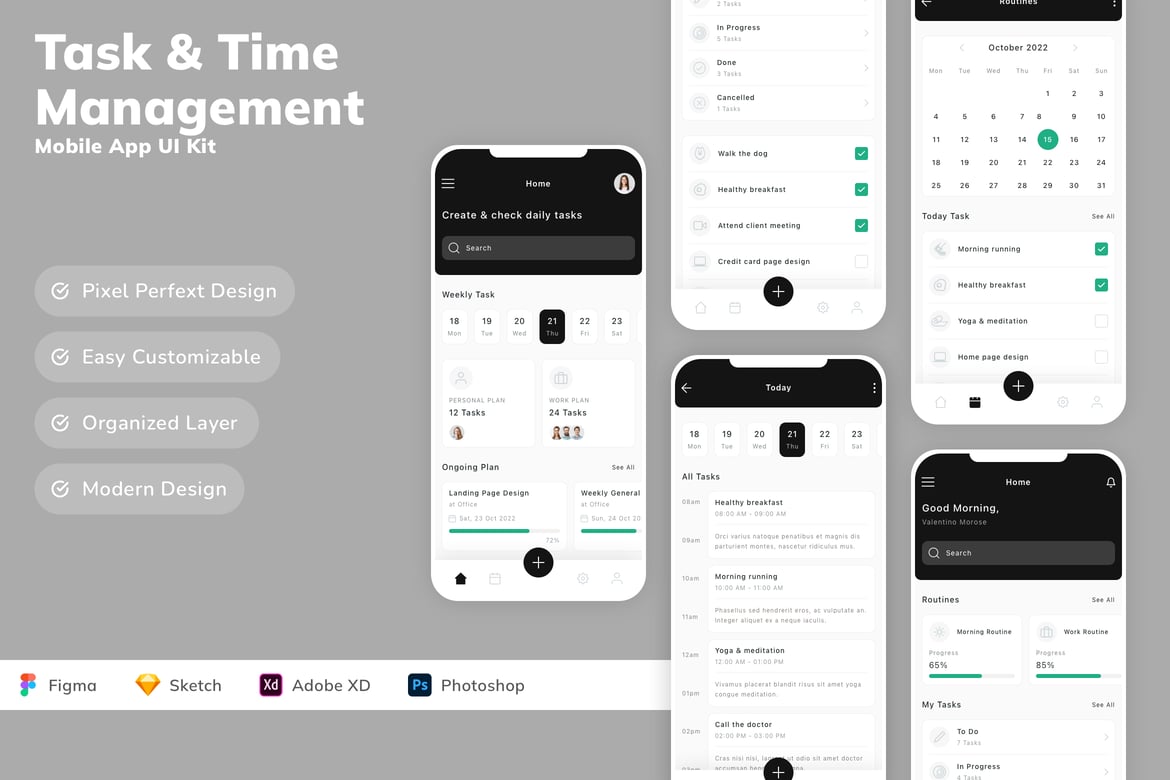 Download Task & Time Management Mobile App UI Kit Figma Design