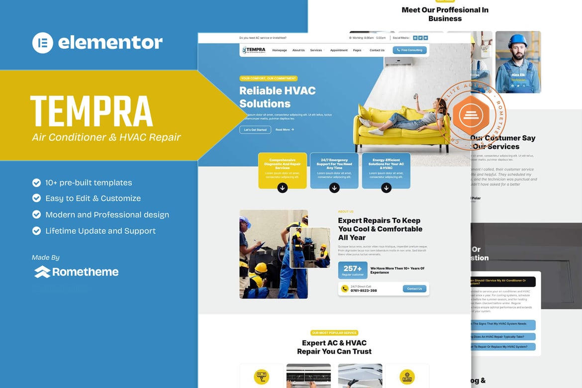 Download Tempra - Air Conditioner & HVAC Repair Elementor Template Kit