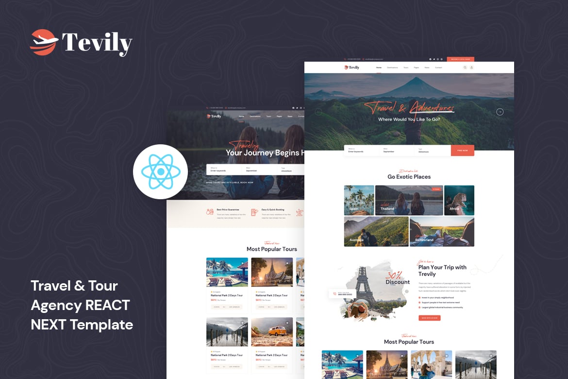 Download Tevily - Travel & Tour Agency React Next Template