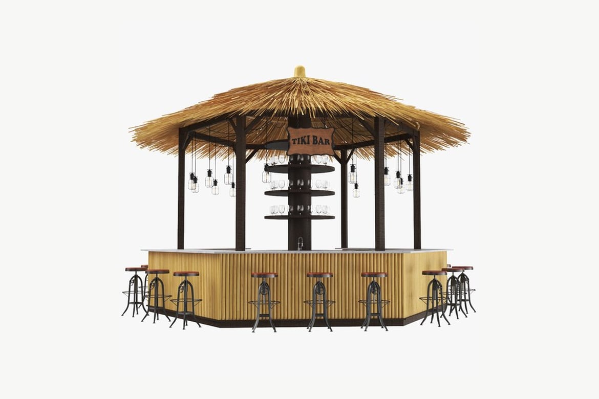 Download Thatched Hut Tiki Bar with Wooden Structure and Barstools 3D Model