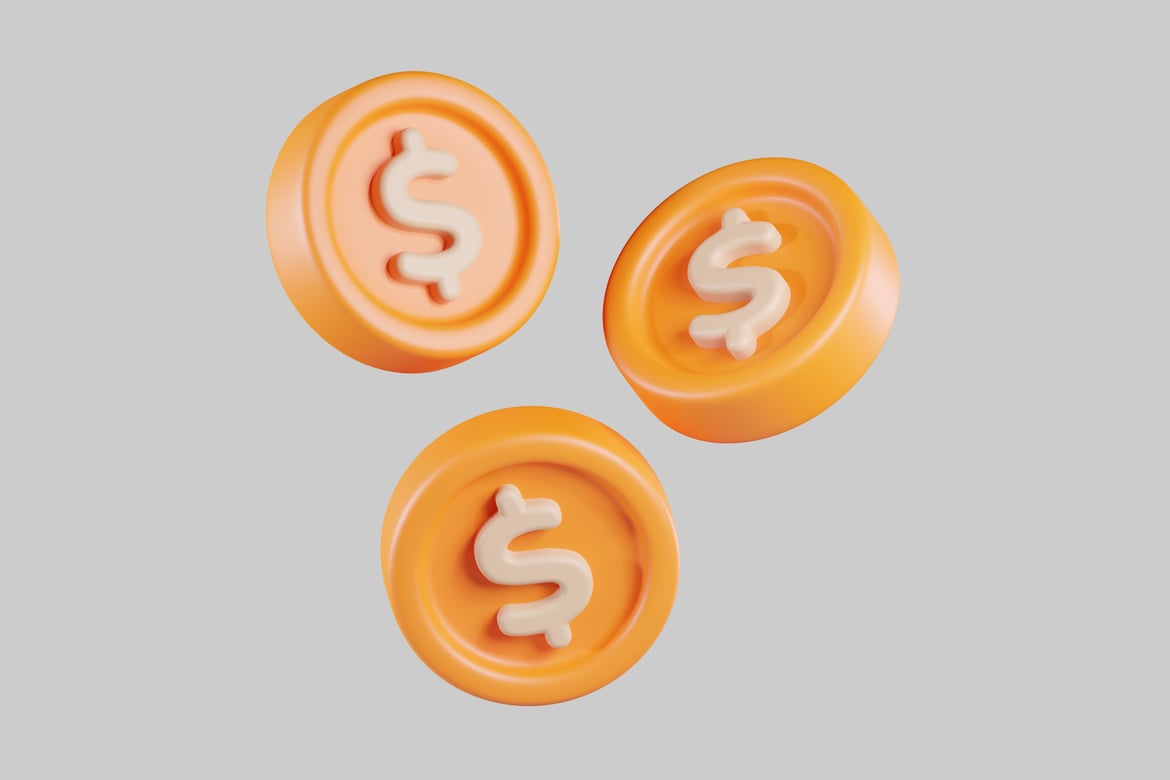 Download Three orange coins with dollar sign. 3D Model