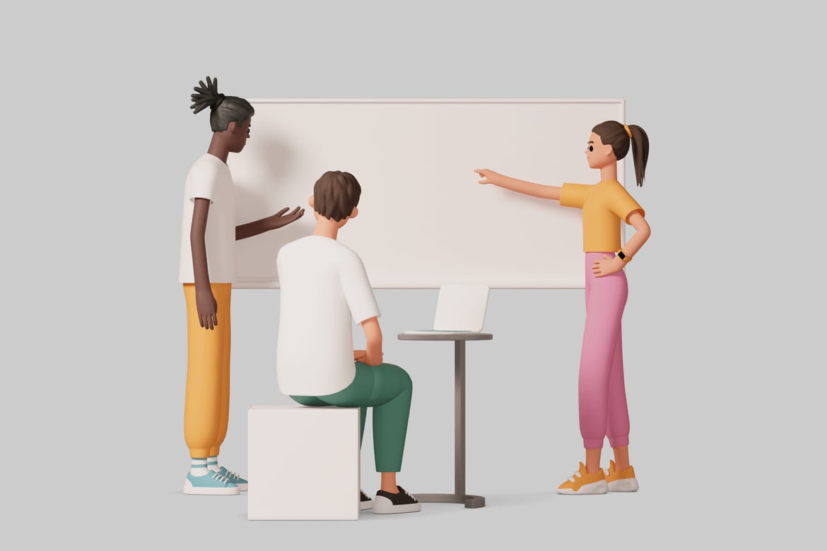 Download Three people discussing around a whiteboard. 3D Model