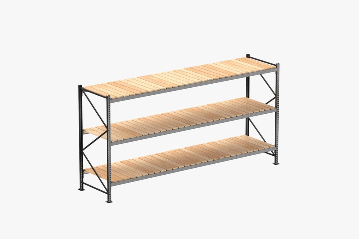 Download Timber Deck Pallet Rack Clean, Rectangular Metal and Slatted Wood Shelving Unit 3D Model