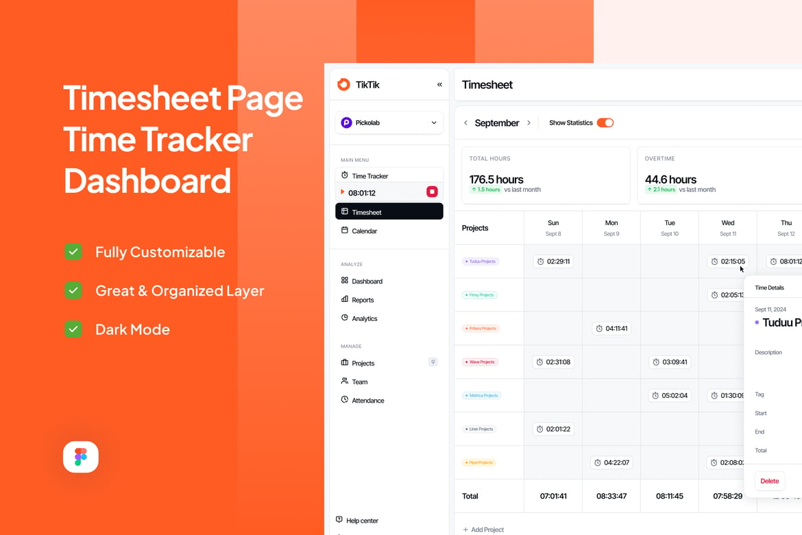 Download Timesheet Page Time Tracker Dashboard - TikTik Figma Design